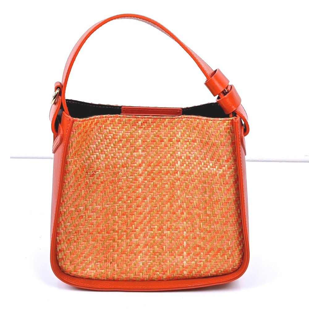 Anna Paola Italy Cognac Leather Straw Bucket Bag Top Handle Handbag